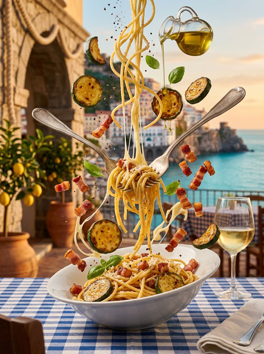 Spaghettone con Zucchine, Pancetta e Provola