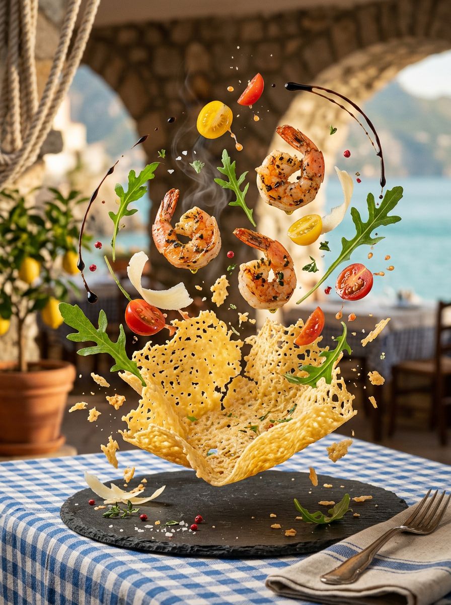 Cialda di parmigiano con gamberi, pomodorini e rucola