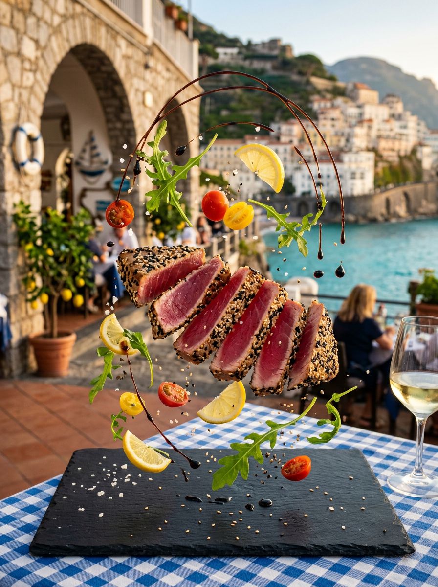 Tagliata di tonno, rucola, pomodorini e cipolla